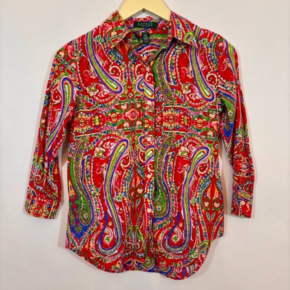 Lauren Ralph Lauren Tops - Lauren by Ralph Lauren Blouse Sz PXS Red Multi Colorful Paisley Button Up